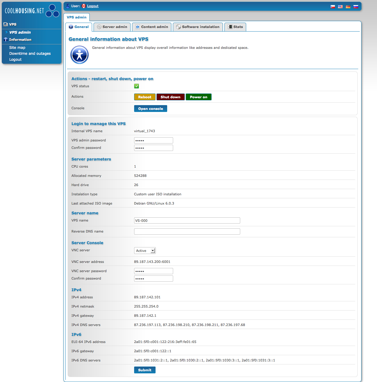 VPS admin page VPS admin page