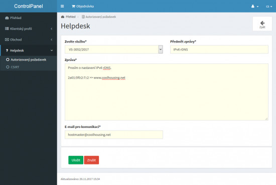 V případě IPv6 prosíme kontaktujte obsluhu datového centra