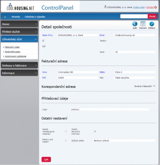 Webová administrace Coolhousingu