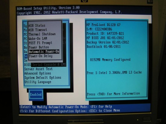Hewlett-Packard server - фотография из bios