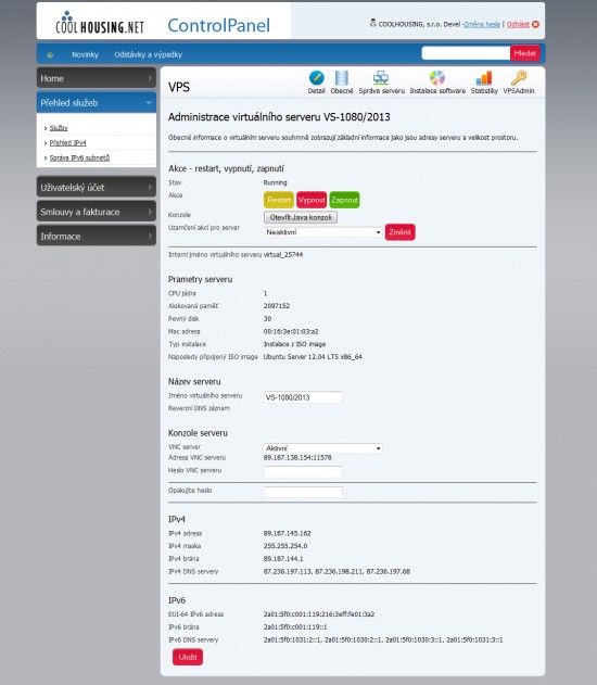Detail administrace virtuálního serveru
