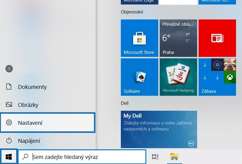 Klikněte na ikonu Start a dále na Nastavení Klikněte na ikonu Start a dále na Nastavení
