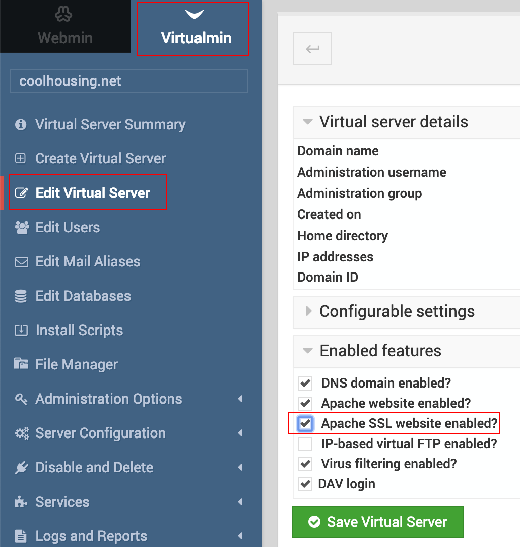 Povolení SSL pomocí Webminu