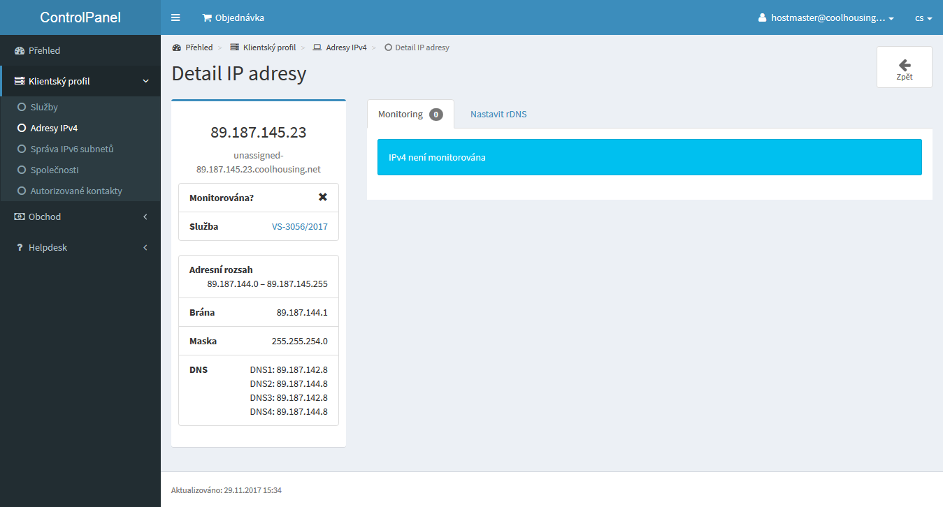 Síťové nastavení IPv4 adresy Síťové nastavení IPv4 adresy