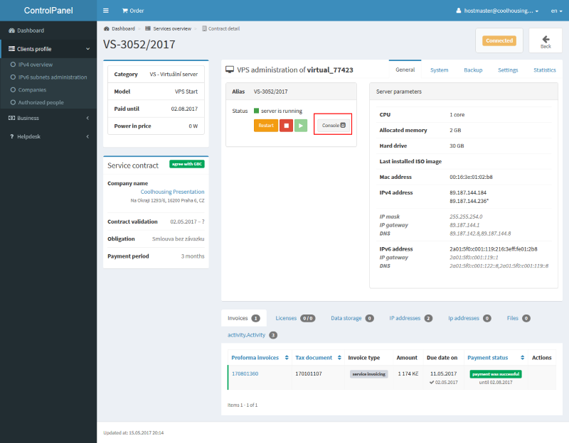 VPS admin page VPS admin page