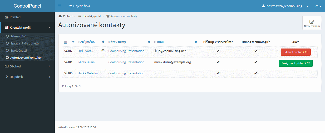 management autorizovaných kontaktů