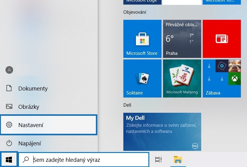 Klikněte na ikonu Start a dále na Nastavení