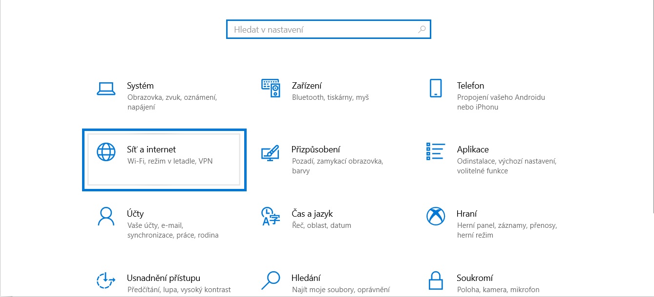Zvolte Síť a internet v nastavení