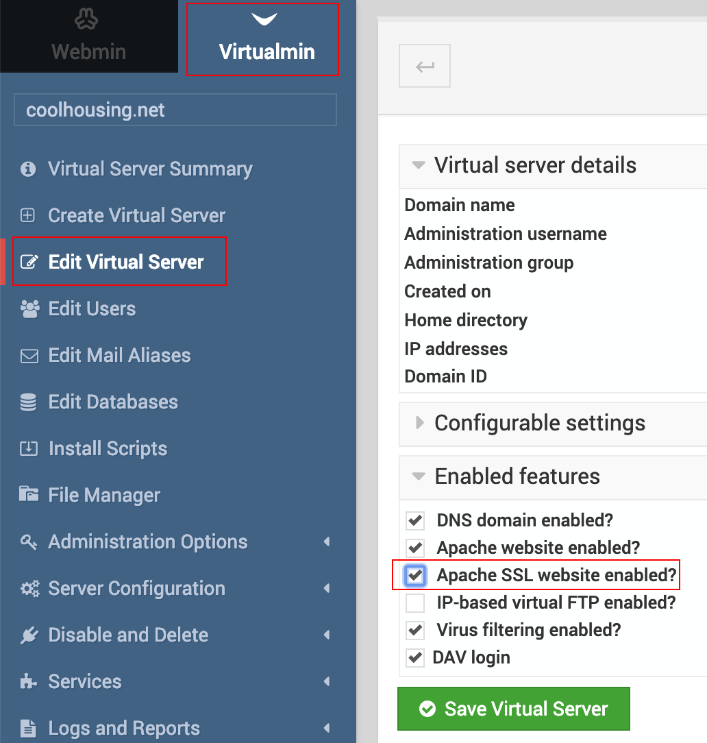 Enable of SSL via Webmin