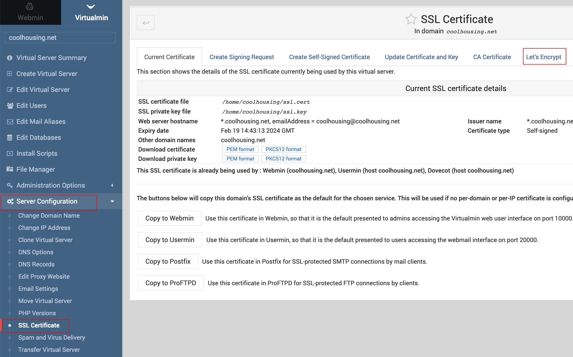 Configuration of SSL certificate