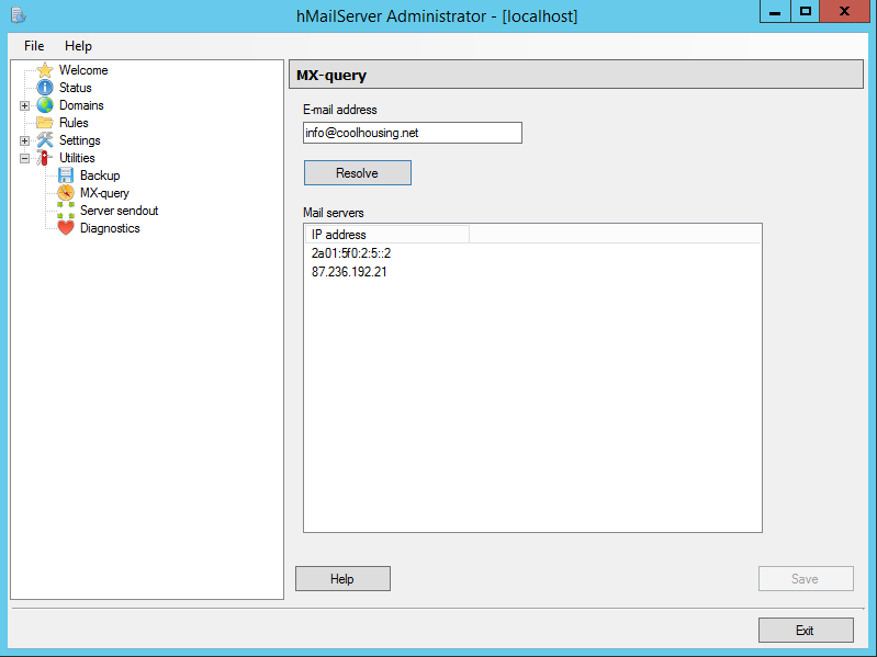 Mail server hMailServer was tasked to identify IP addresses of mail servers