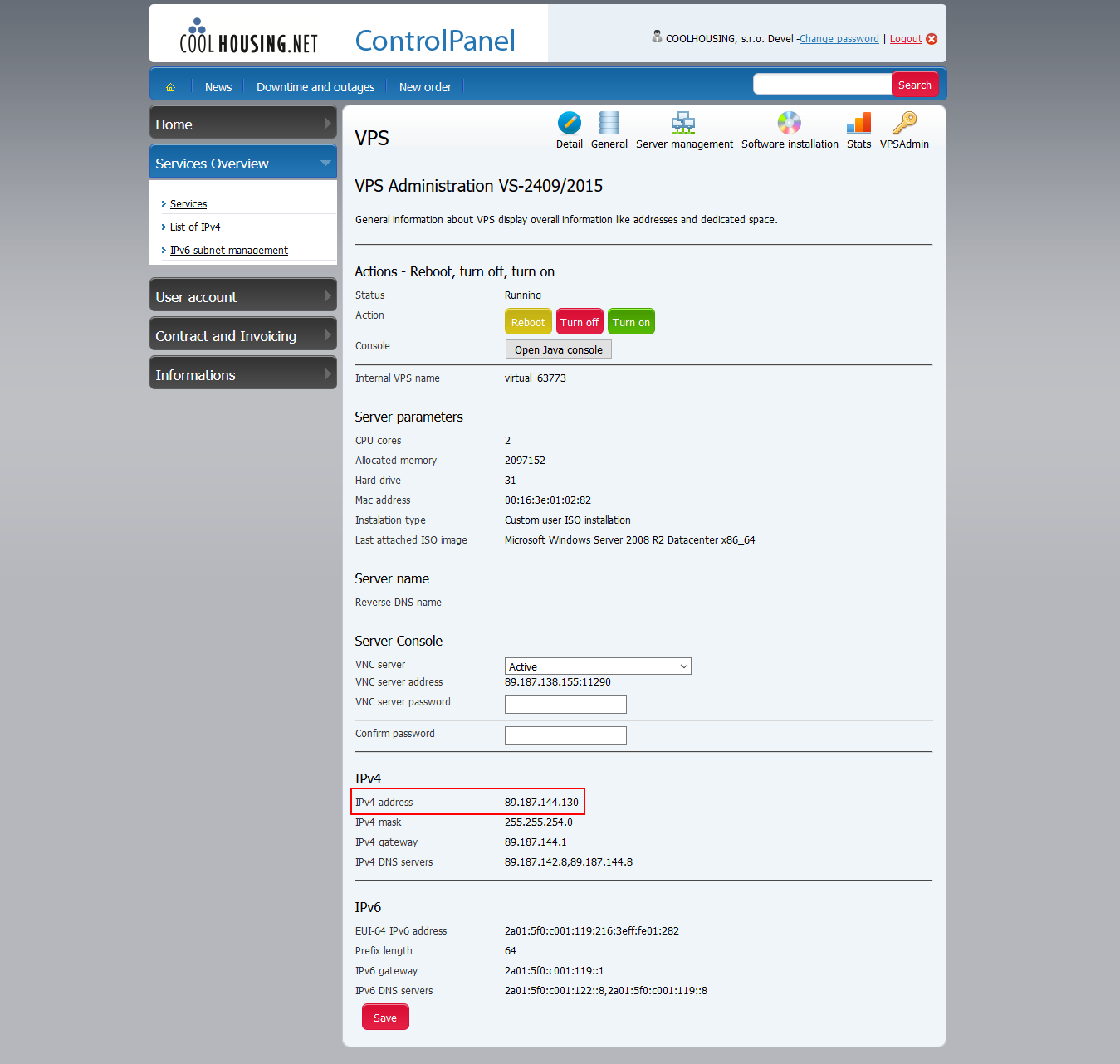 VPS detail with primary VPS