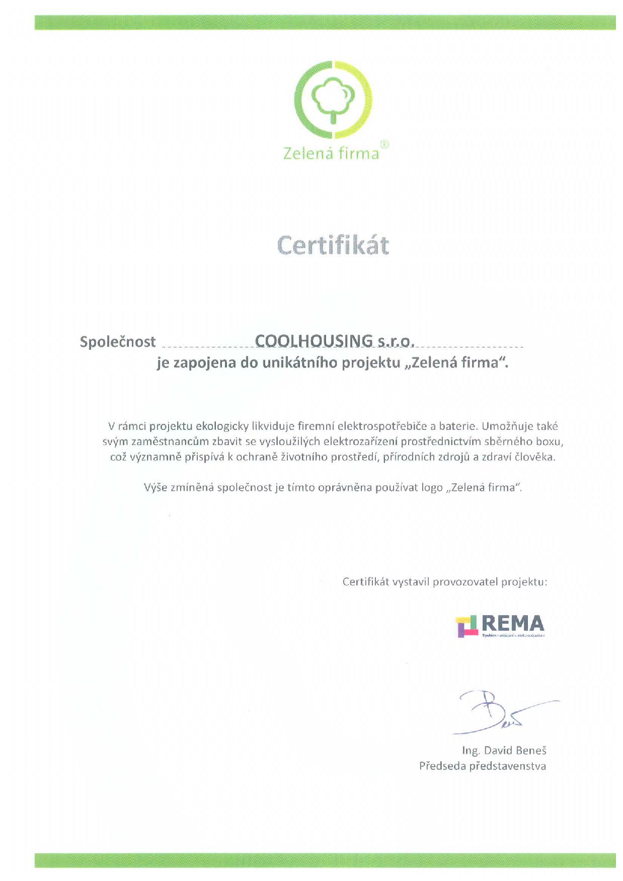 Společnost COOLHOUSING s.r.o. je zapojena do projektu "Zelená firma"