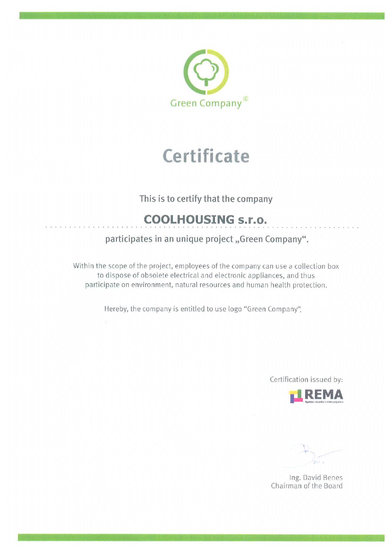 This is to certify that the company COOLHOUSING s.r.o. participates in an unique projeck "Green Company"