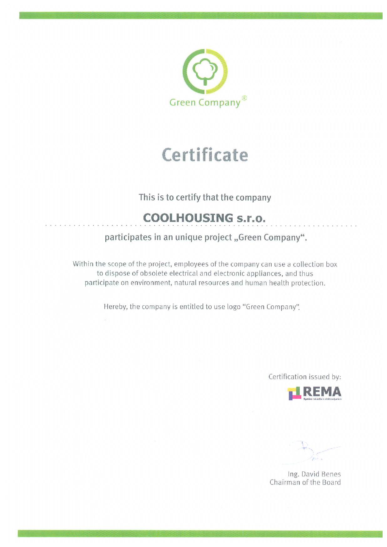 This is to certify that the company COOLHOUSING s.r.o. participates in an unique projeck "Green Company"