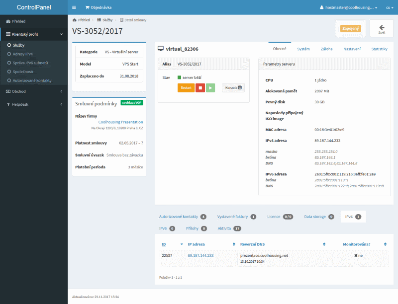 Detail administrace virtuálního serveru