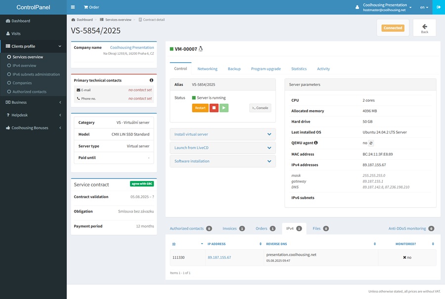 Detail of virtual server service