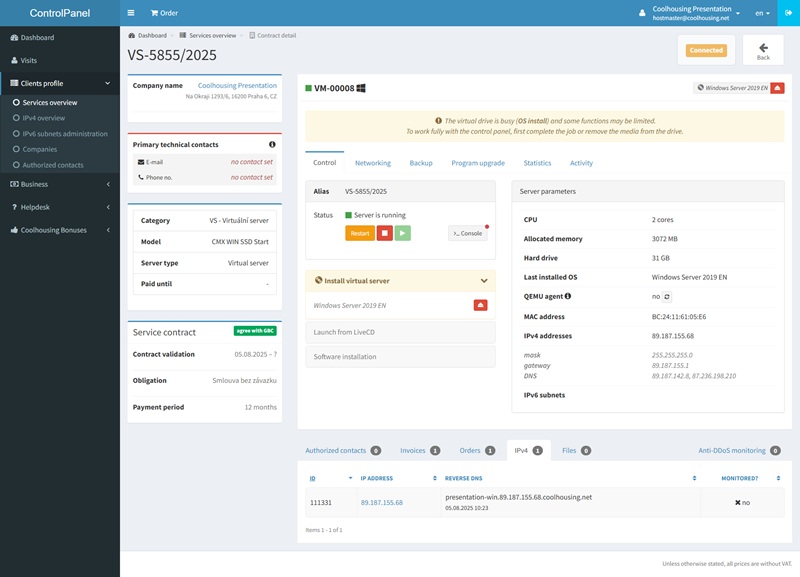 Administration dashboard with default Windows Server 2019